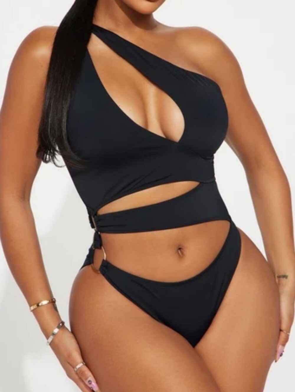 Fashion Nova Black One-Shoulder Cutout One-Piece Swimsuit